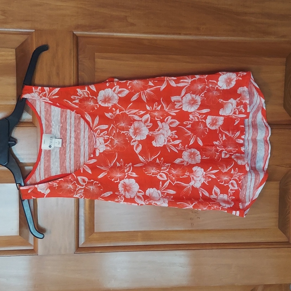 * Stylus Women's Flowing Racerback Orange Floral Front Striped Back, Size Small